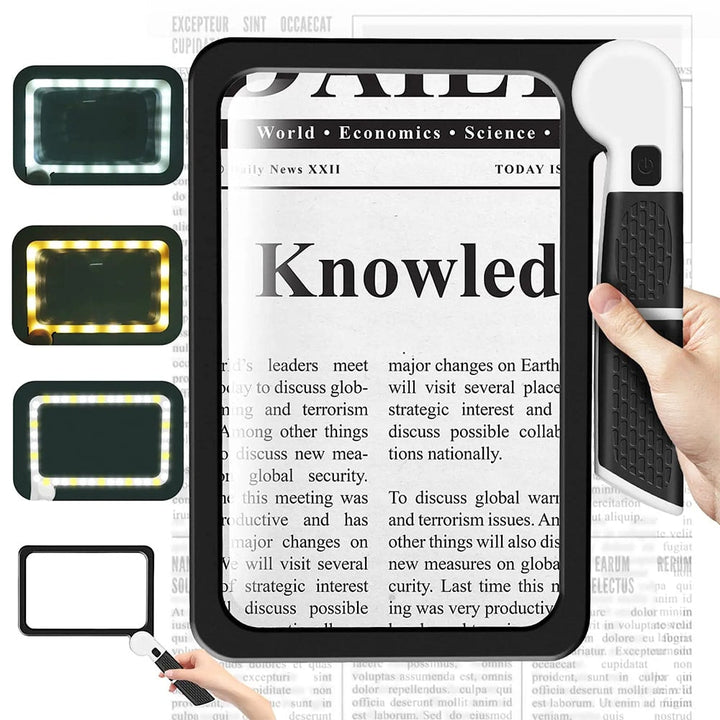 Enlarged view with a 5x magnification reading glass, featuring energy-efficient LED illumination.