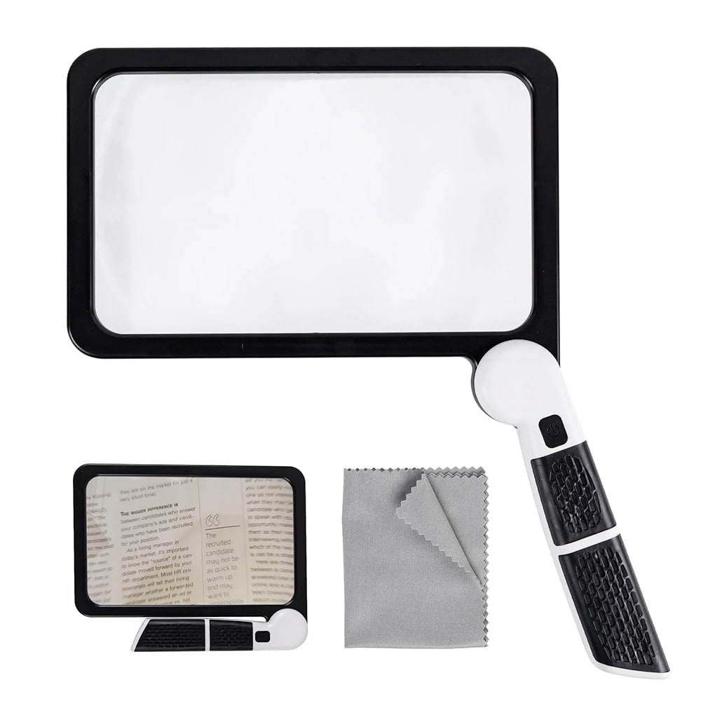 Portable LED magnifying glass offering 5x magnification, perfect for detailed reading and hobbies.