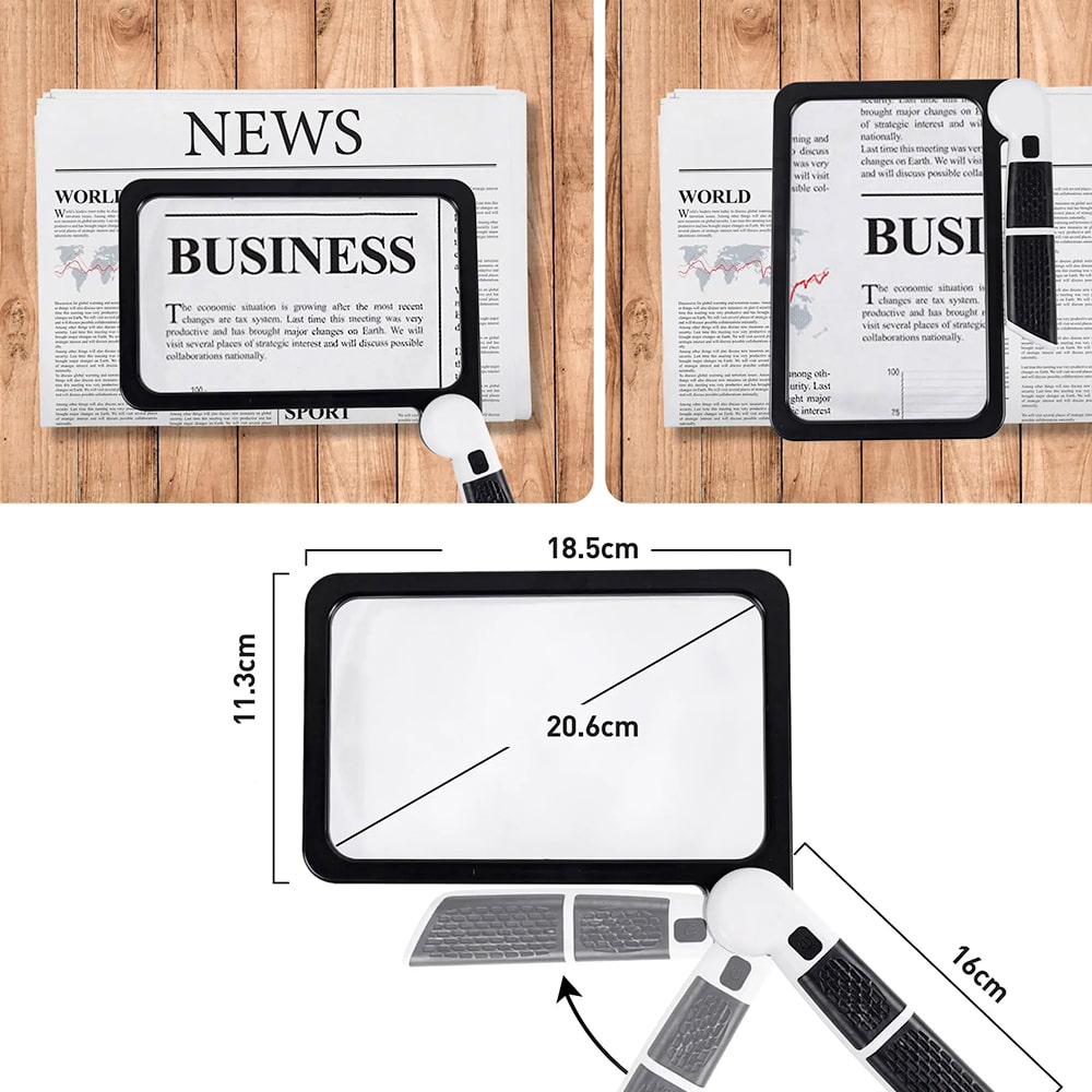 Large 5x magnifying glass with adjustable LED lights, a useful tool for reading, puzzles, and detailed work.
