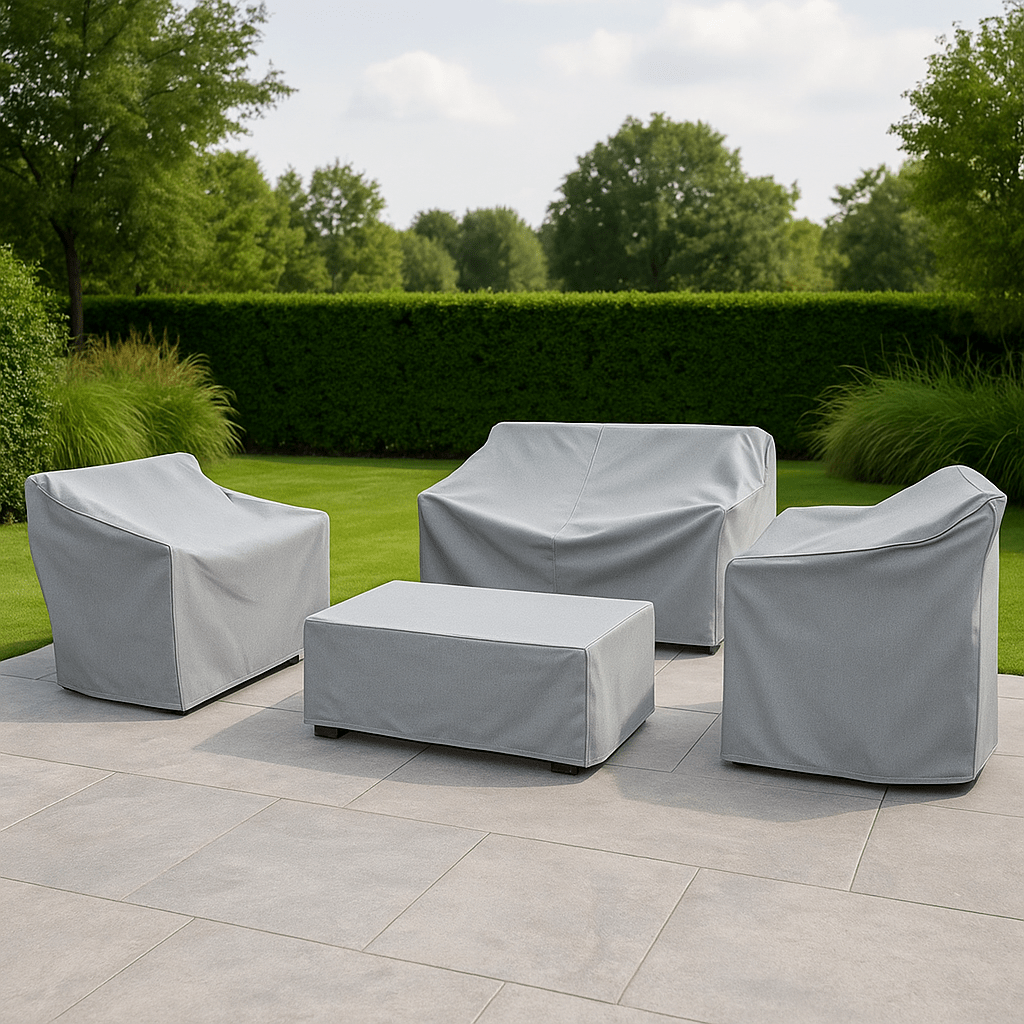 Durable outdoor furniture cover for patio tables & chairs. Guards against rain, sun, dust.