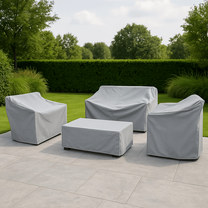 Durable outdoor furniture cover for patio tables & chairs. Guards against rain, sun, dust.