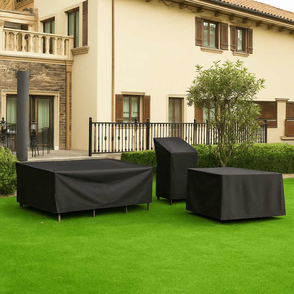 Waterproof patio furniture cover, protects outdoor tables & chairs from all elements.