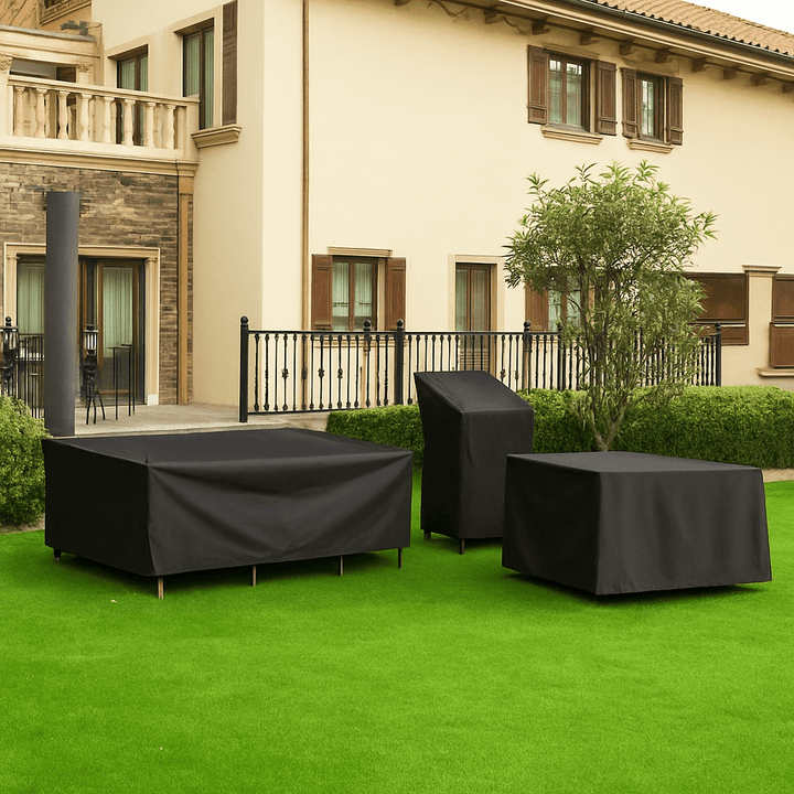 Waterproof patio furniture cover, protects outdoor tables & chairs from all elements.
