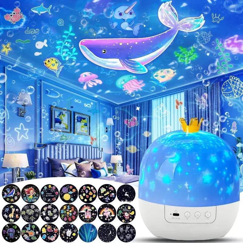 Rotating galaxy projector night light creating a mesmerizing star display for kids' or adults' room decor.