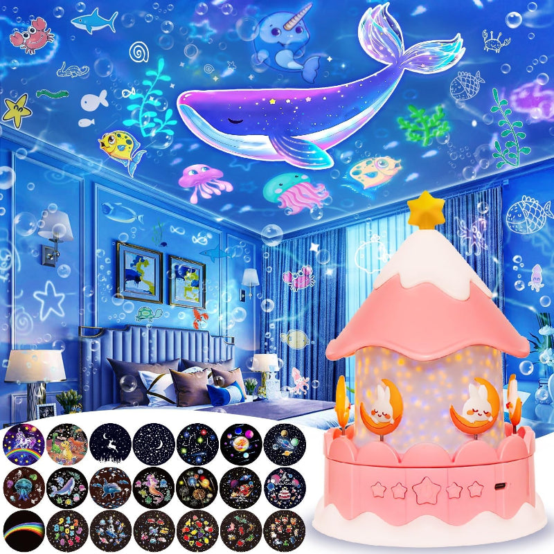 Star projector night light for kids, casting a calming galaxy scene, ideal for relaxation and sleep.