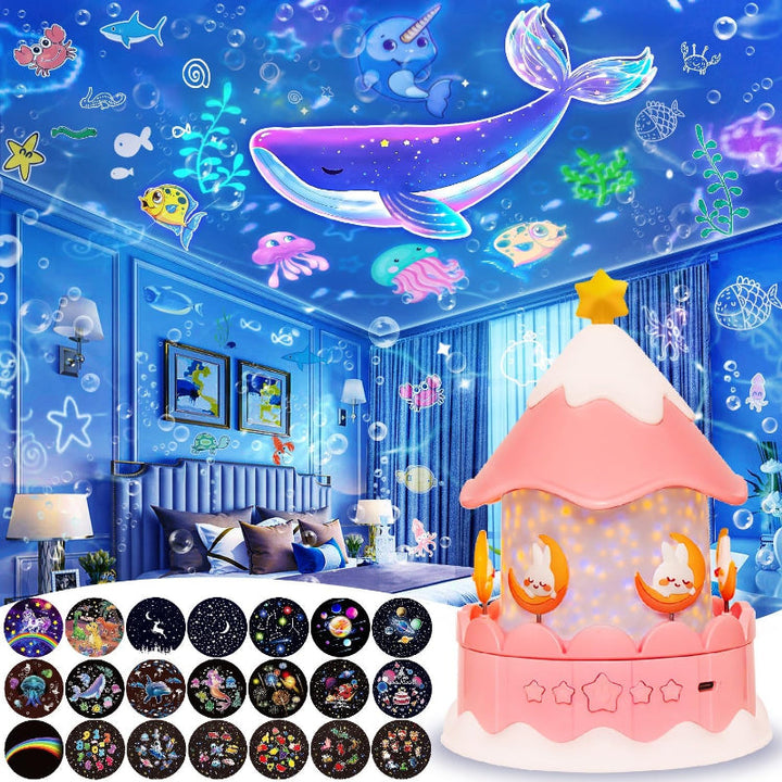 Star projector night light for kids, casting a calming galaxy scene, ideal for relaxation and sleep.