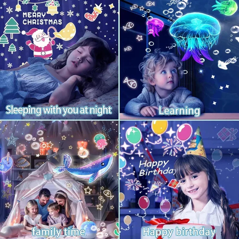 Kids' star projector night light, projecting a vibrant galaxy scene, enhancing room decor and sleep.