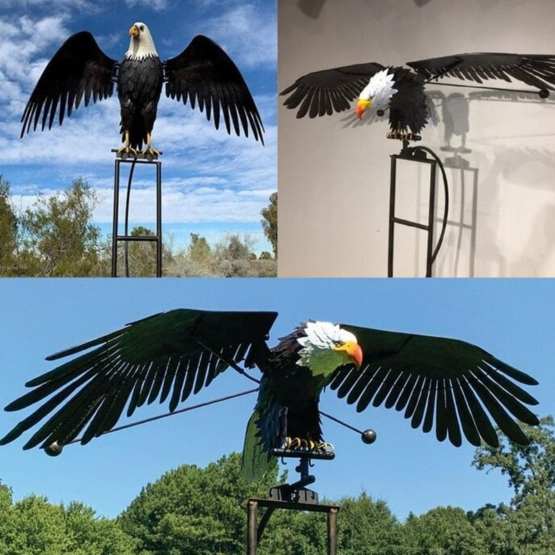 Kinetic bird wind-powered metal garden statue. Weather-resistant outdoor decor and art for patios.