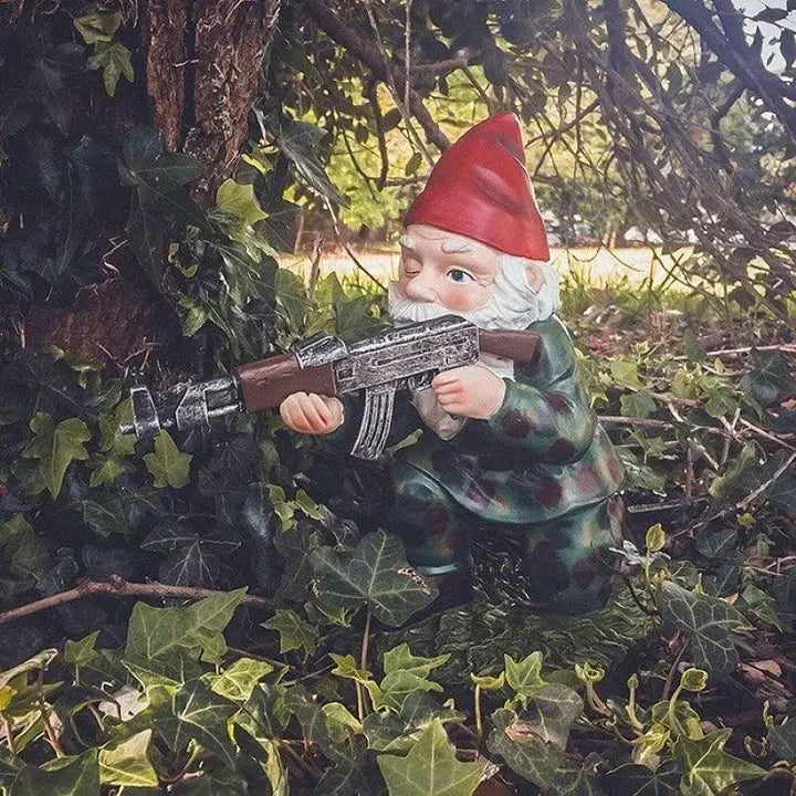 Quirky garden gnome warrior, a unique and weatherproof garden statue perfect as a collectible lawn ornament.