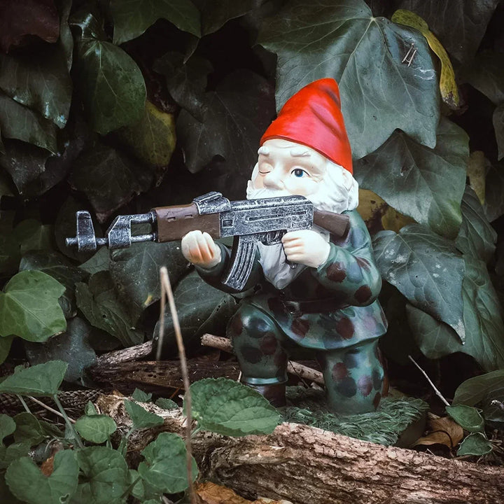 Weatherproof garden gnome warrior for outdoor decor, a durable and charming garden statue.