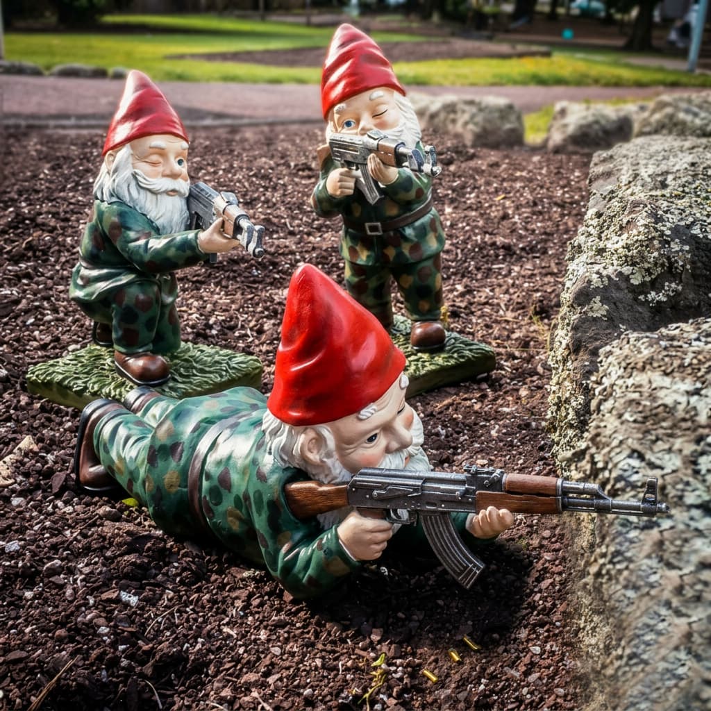 Collectible garden gnome warrior statue with unique armor, perfect for lawn and garden decoration.