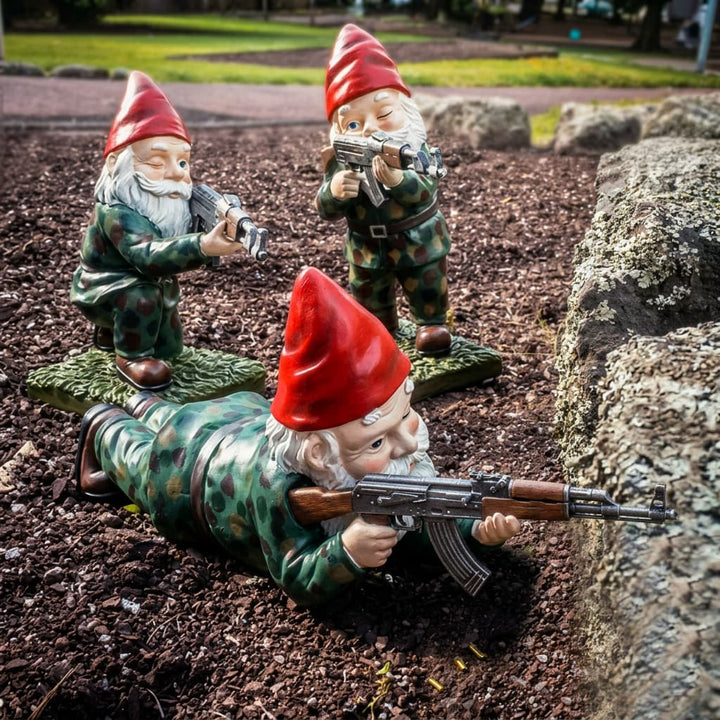 Collectible garden gnome warrior statue with unique armor, perfect for lawn and garden decoration.