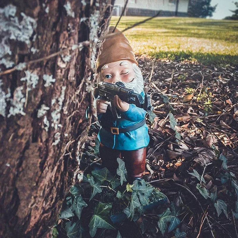 Funny garden gnome warrior with a sword and shield, adding a playful touch to your outdoor landscaping.