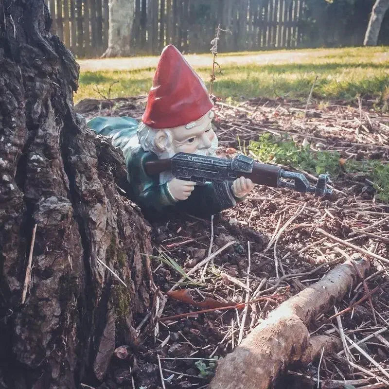 Durable garden gnome warrior, a charming and whimsical yard art piece for year-round outdoor display.