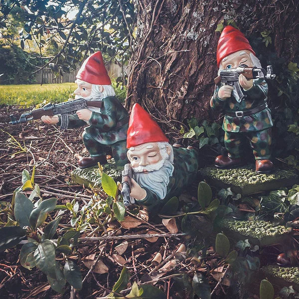 Animated-look garden gnome warrior, a delightful and funny outdoor decor statue for your garden.