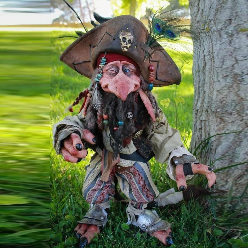 Fantasy garden goblin figurine, whimsical outdoor statue & plastic yard art accessory decor.