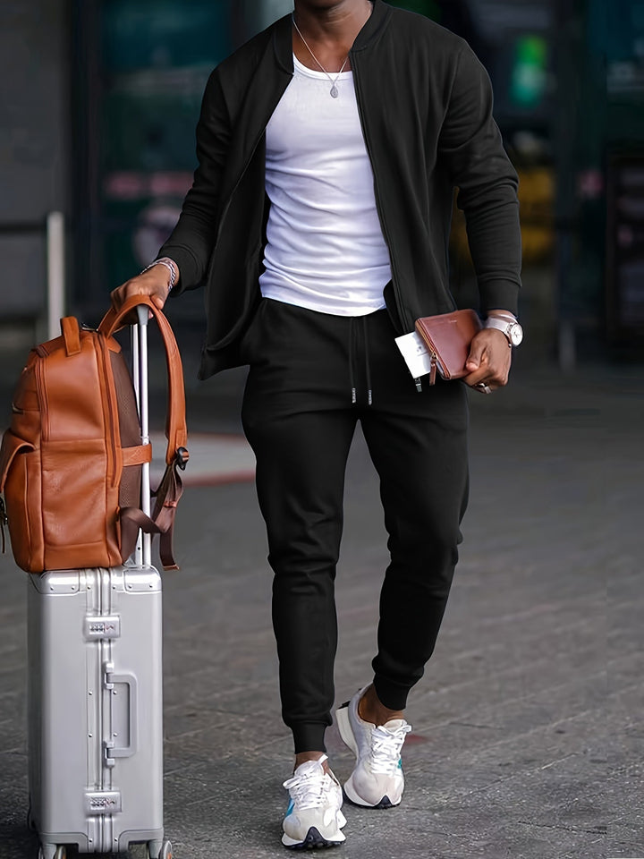 Men's full zip tracksuit set in athletic style, perfect for workouts & active wear.