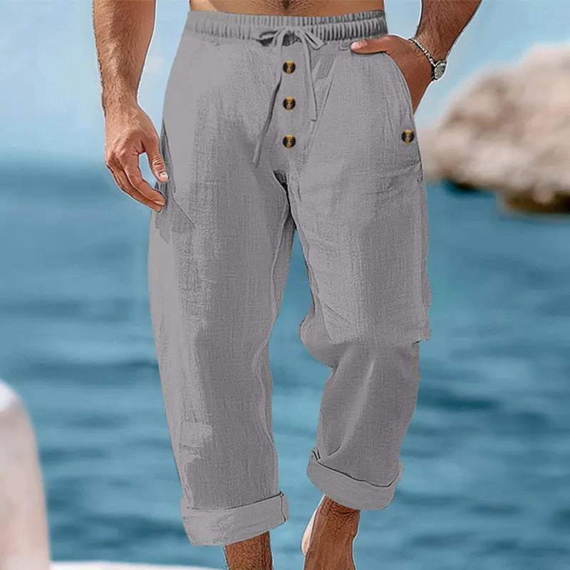 Lightweight men's travel pants: linen cargo style with drawstring for ultimate comfort & versatility.