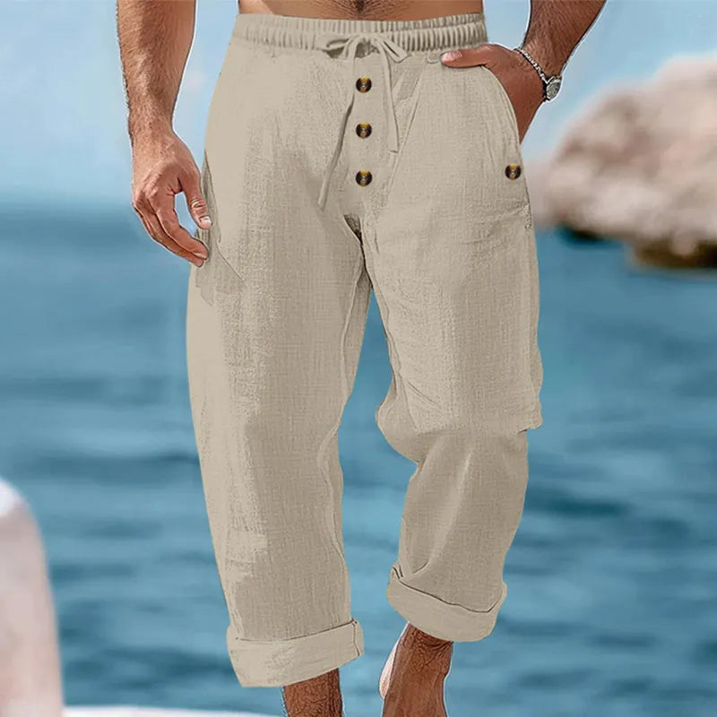 Breathable men's drawstring linen cargo pants, essential for warm weather, travel, and everyday wear.