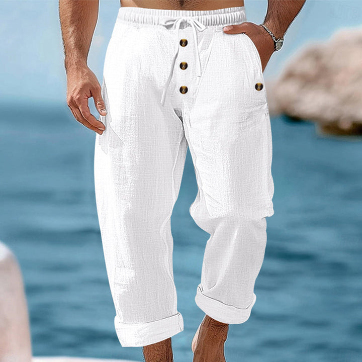 Drawstring cargo pants for men in breathable linen, perfect for summer, beach, and everyday wear.