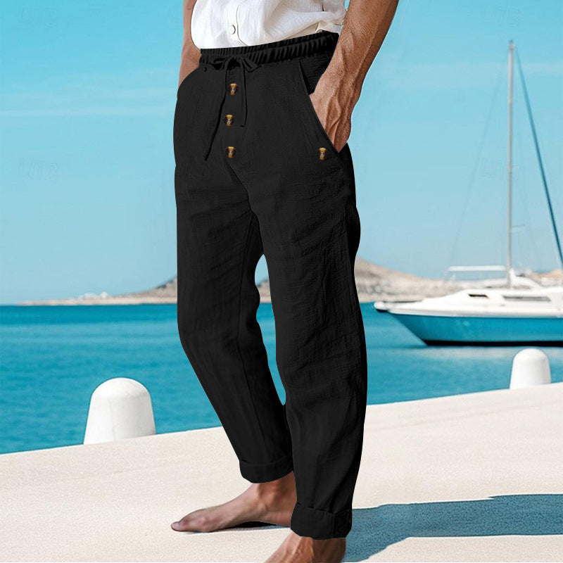 Stylish men's linen drawstring cargo pants, ideal for beach fashion, travel, and warm weather.