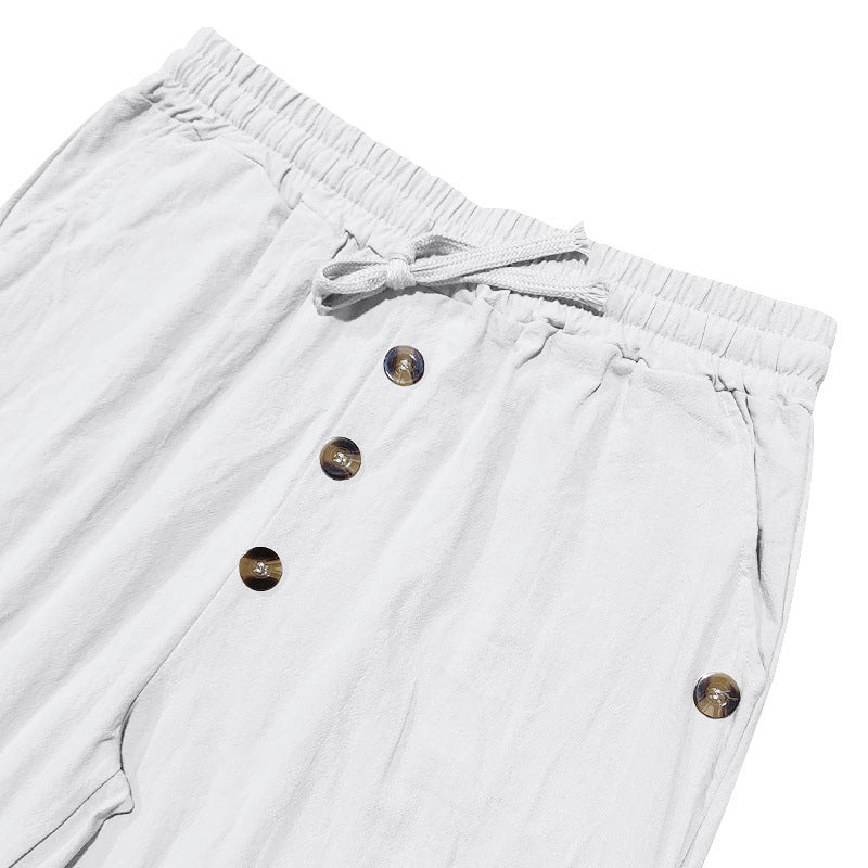 Side view of men's casual linen cargo pants, highlighting practical pockets and relaxed silhouette.