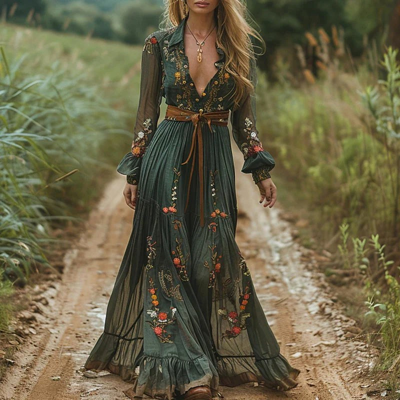 Elegant women's Bohemian floral maxi dress, flowy for summer occasionwear. Perfect long casual vacation dress.