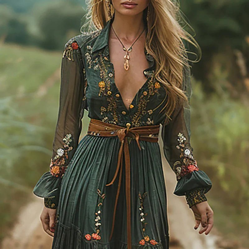 Flowy Bohemian floral maxi dress for women, with elegant patterns & comfortable fit. Ideal summer vacation casual wear.