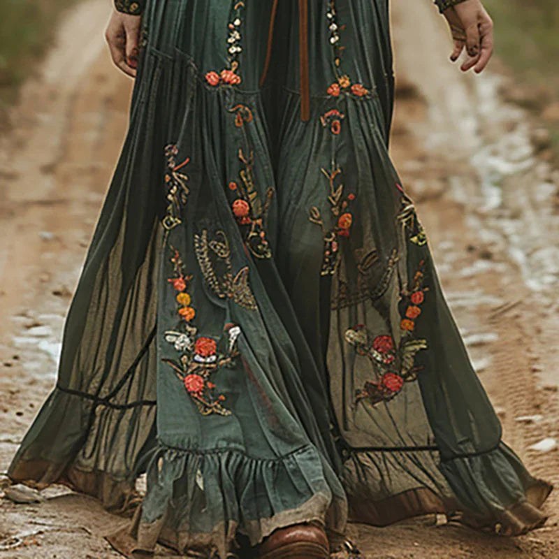 Graceful women's Bohemian floral maxi dress, flowy fabric moves elegantly. Perfect for summer occasionwear or vacation.