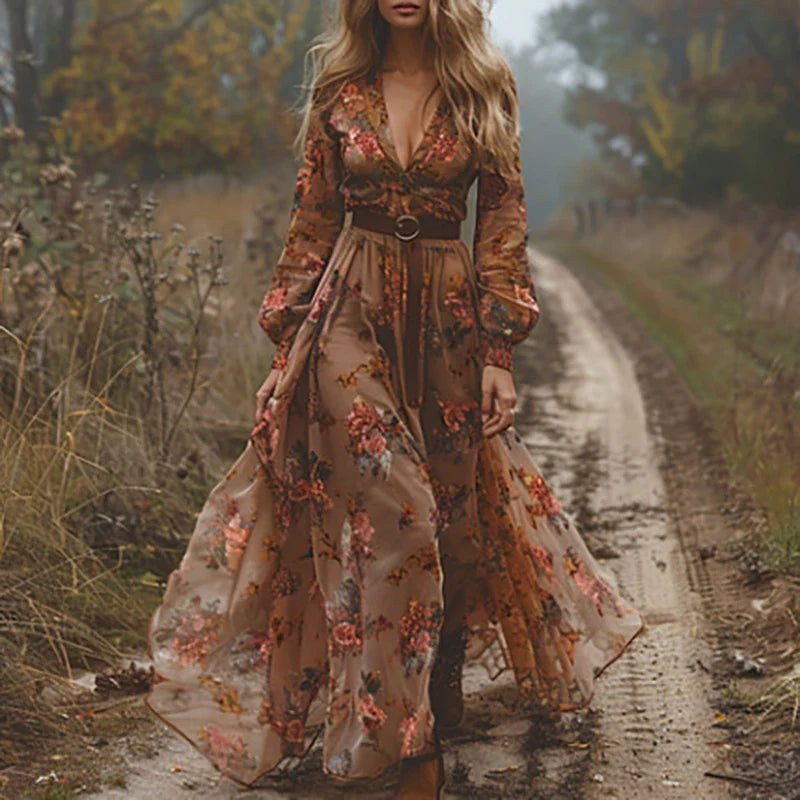 Versatile long Bohemian floral maxi dress for women. Flowy summer occasionwear, elegant, or casual vacation dress.