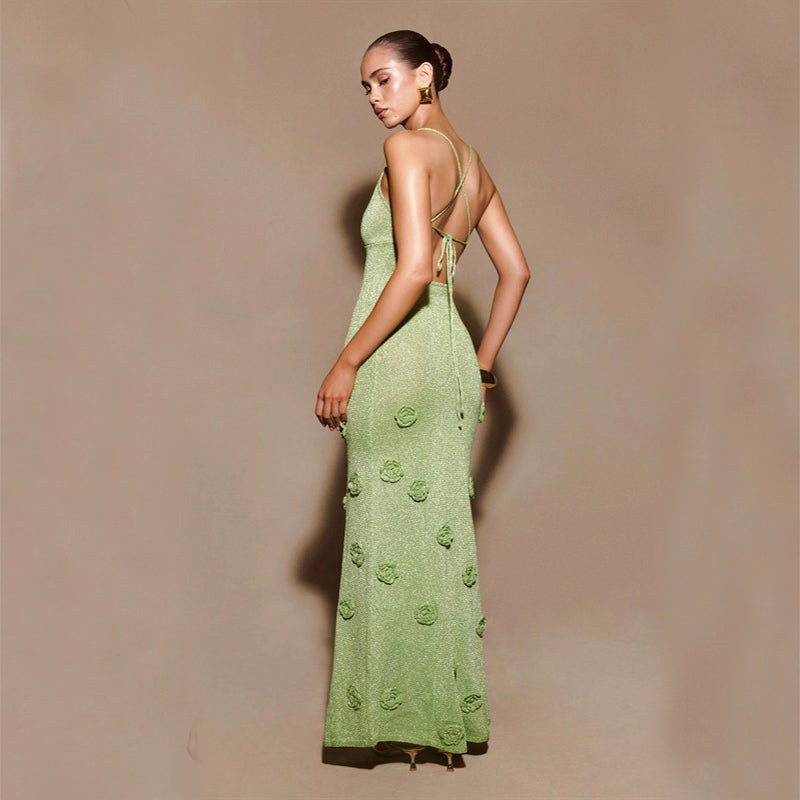 Beige women's elegant crochet floral maxi dress with shimmering sequin details, perfect for formal parties.