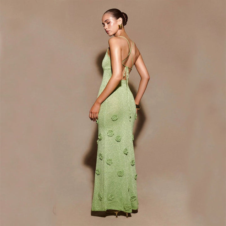 Beige women's elegant crochet floral maxi dress with shimmering sequin details, perfect for formal parties.