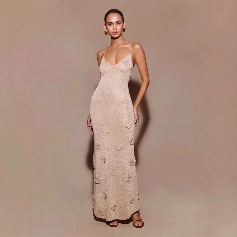 Women's elegant crochet floral long sleeve evening dress with sequins, perfect for formal parties & special events.