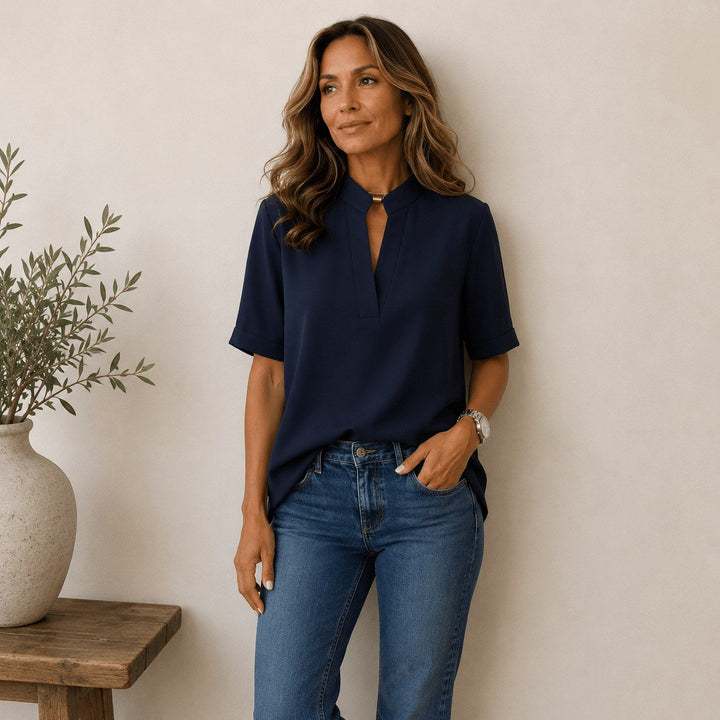 Everyday elegant V-neck blouse for women, short-sleeve, versatile for all occasions.