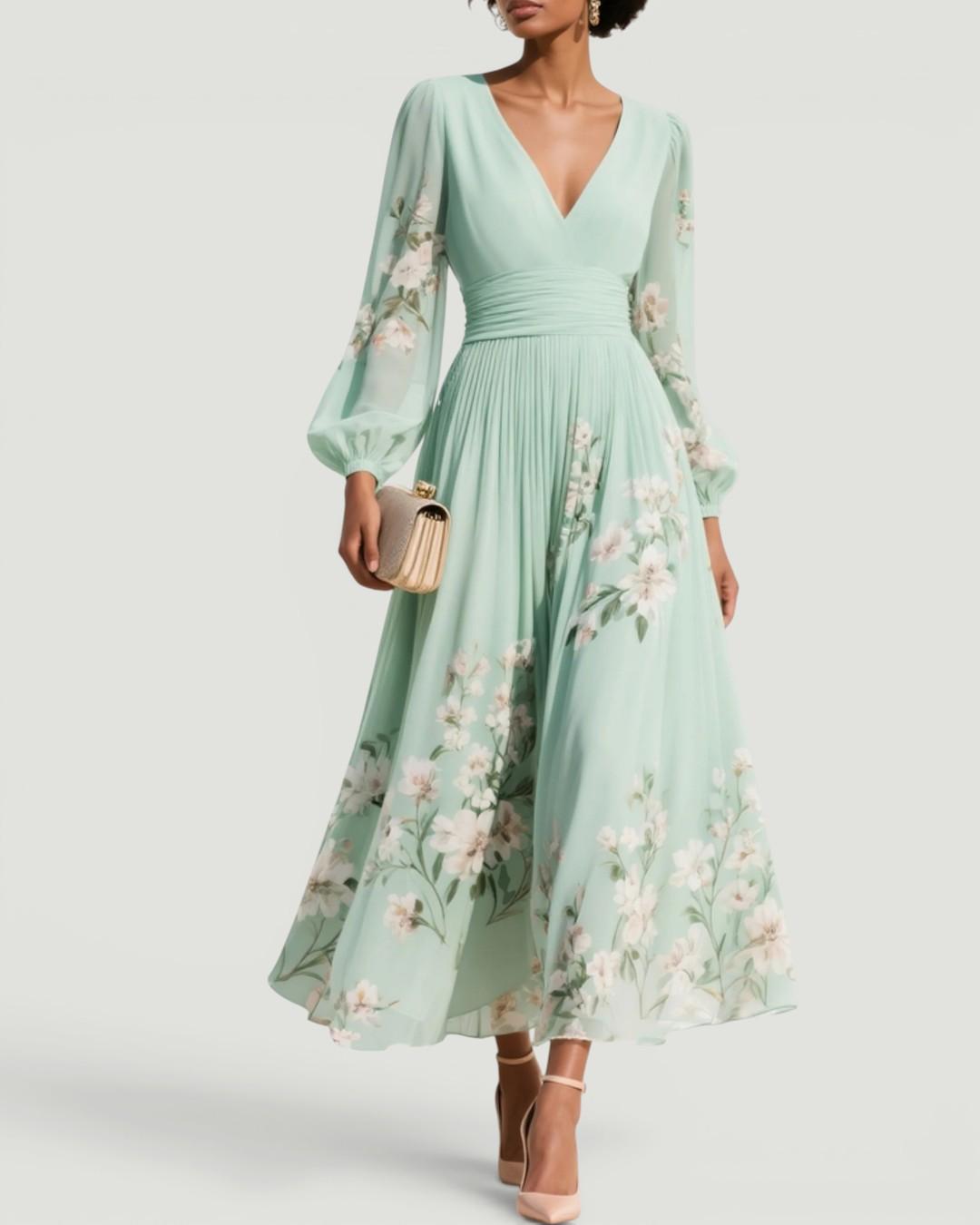 Women's elegant floral long sleeve midi dress perfect for races, garden parties, and spring occasions.