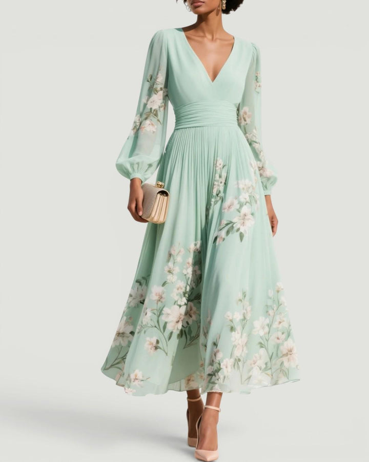 Women's elegant floral long sleeve midi dress perfect for races, garden parties, and spring occasions.