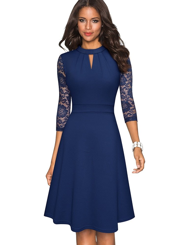 Elegant women's A-line dress featuring sheer sleeves & a pleated neckline, perfect for parties & special events.