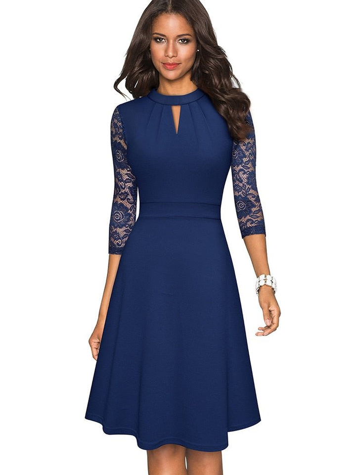 Elegant women's A-line dress featuring sheer sleeves & a pleated neckline, perfect for parties & special events.