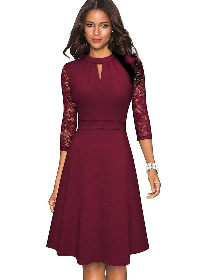 Elegant A-line party dress for women, with flattering sheer sleeves, ideal for formal or cocktail occasions.