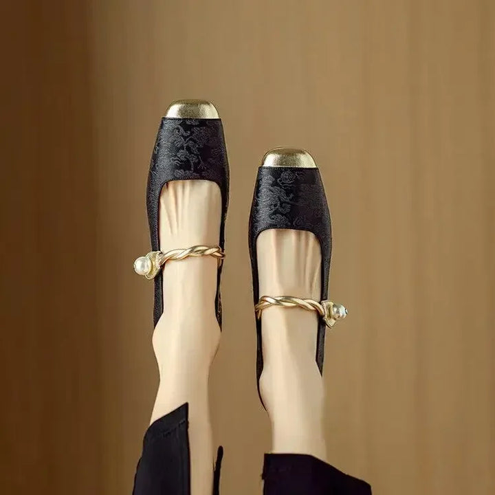 Timeless women's classic Mary Jane footwear, vintage style with elegant pearl strap.