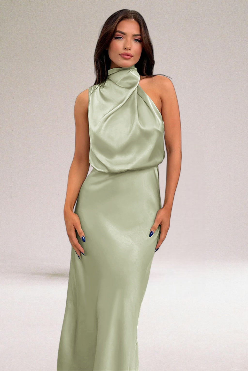 Glamorous halter neck maxi dress for women, perfect for elegant evening events & special occasions.