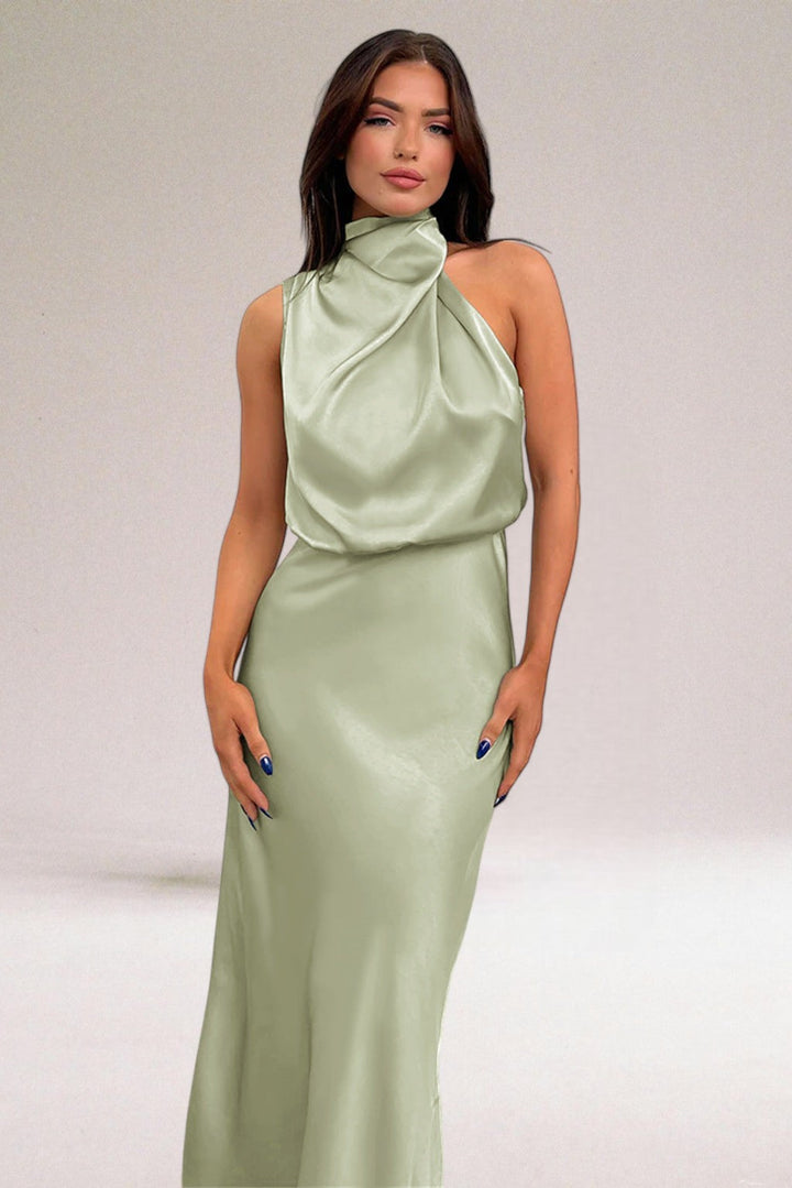 Glamorous halter neck maxi dress for women, perfect for elegant evening events & special occasions.