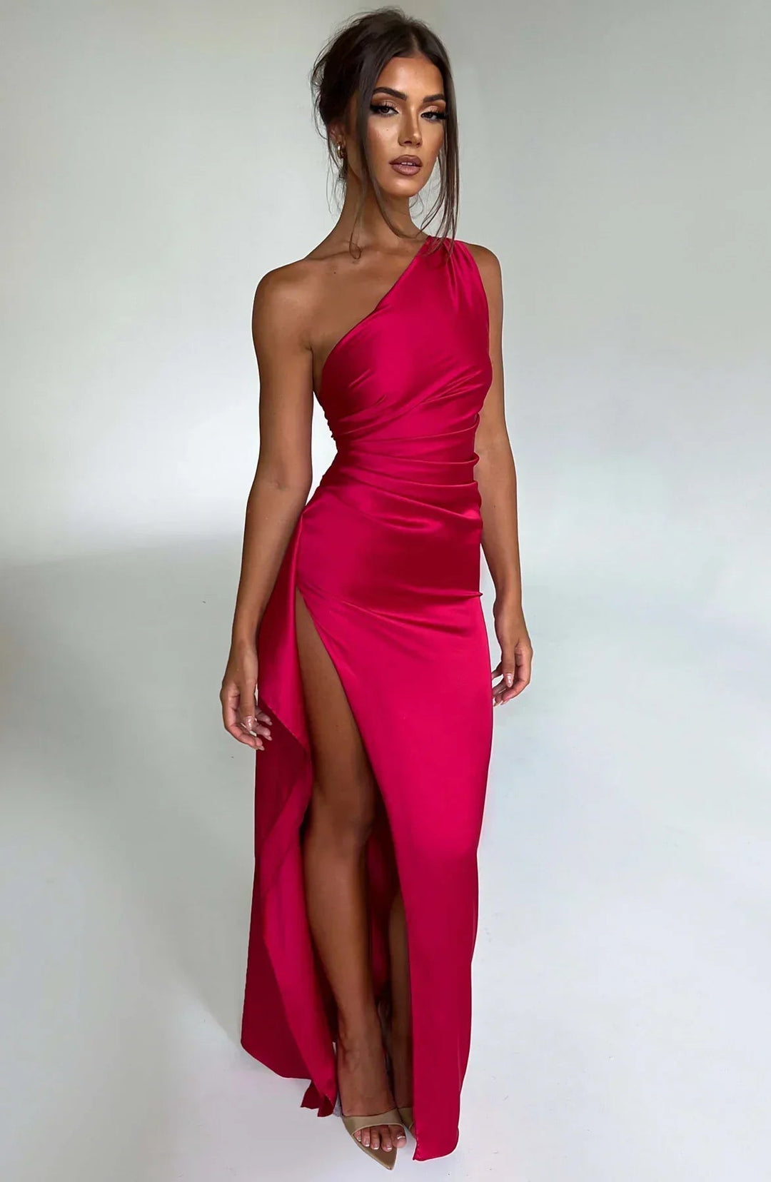 Glamorous one-shoulder maxi gown for women, perfect for elegant evening events and special occasions.
