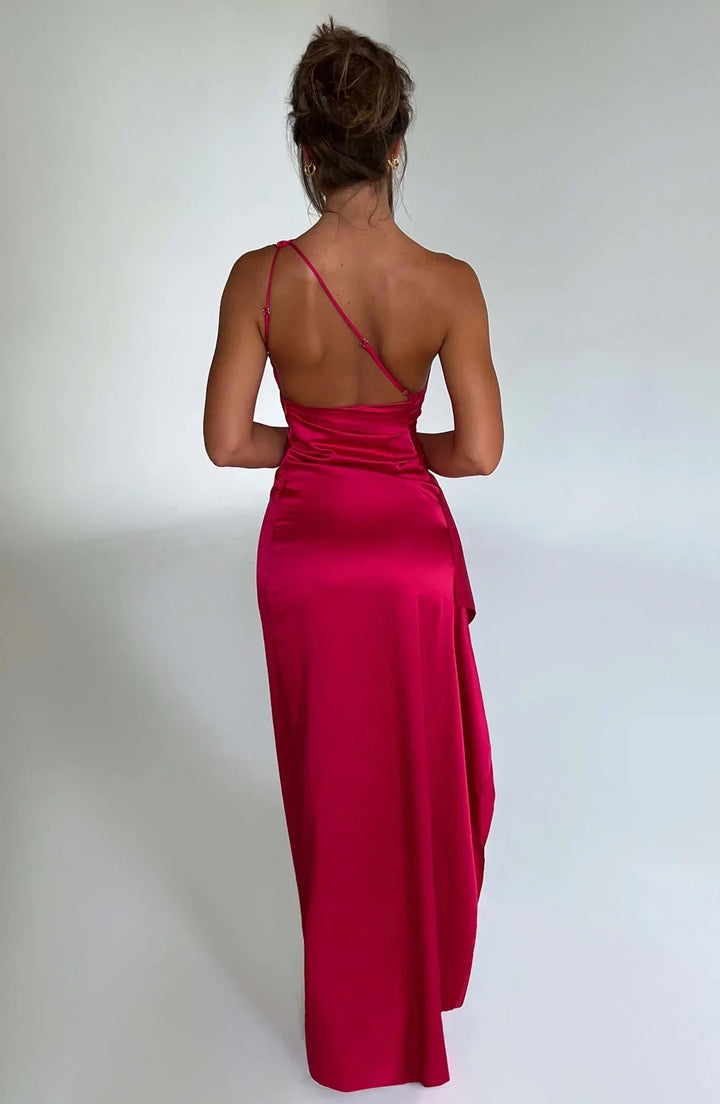 Elegant women's one-shoulder maxi gown with a stylish high slit, ideal for formal parties.
