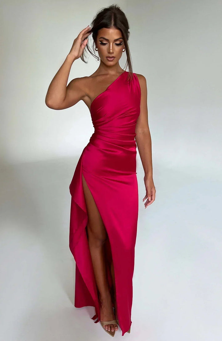 Stunning red one-shoulder maxi evening gown for women, a glamorous choice for galas & events.