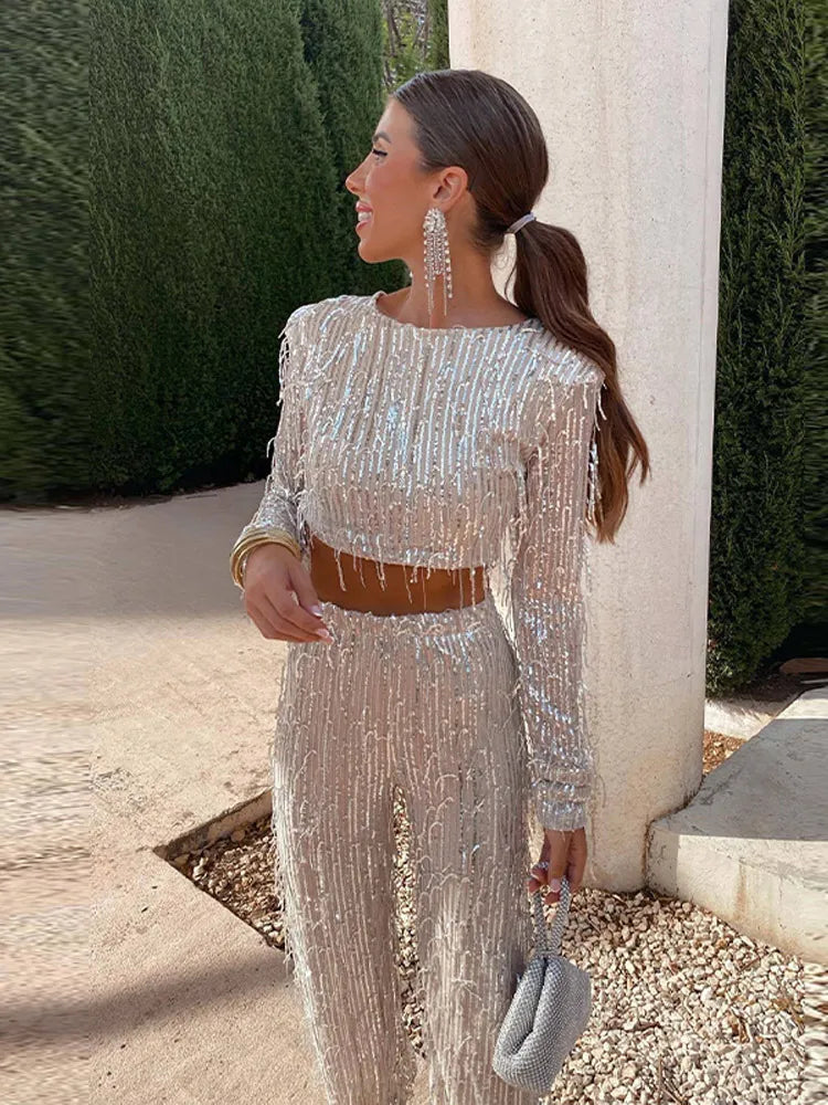 Women's sparkling sequin two-piece party set, perfect for glamorous evening events.