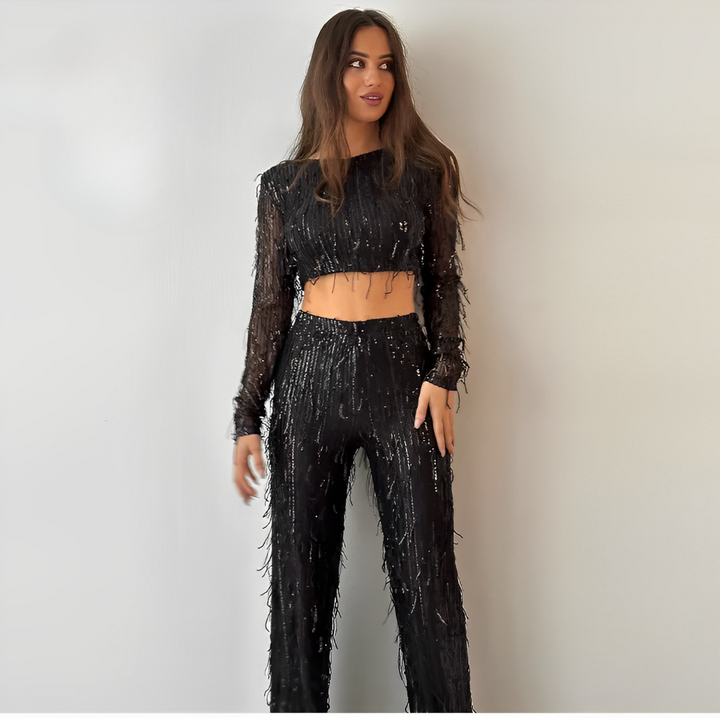 Sparkling sequin two-piece set for women, a dazzling and festive outfit for evening events.