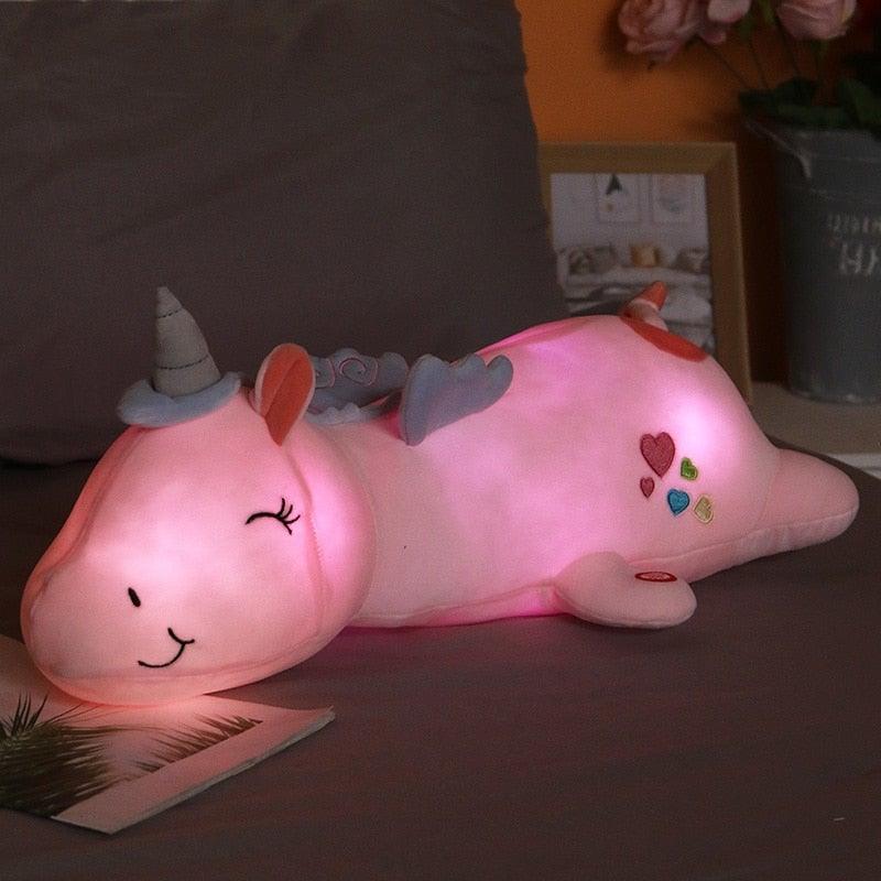 Soft light-up unicorn plush toy with gentle rainbow LED glow, perfect for kids' rooms & bedtime comfort.