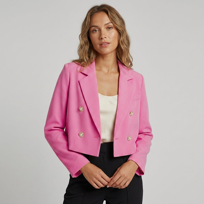 Stylish cropped women's jacket featuring double-breasted front and tailored lapel. Office-ready.