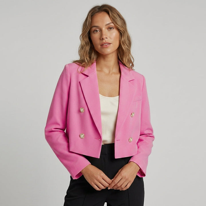 Stylish cropped women's jacket featuring double-breasted front and tailored lapel. Office-ready.